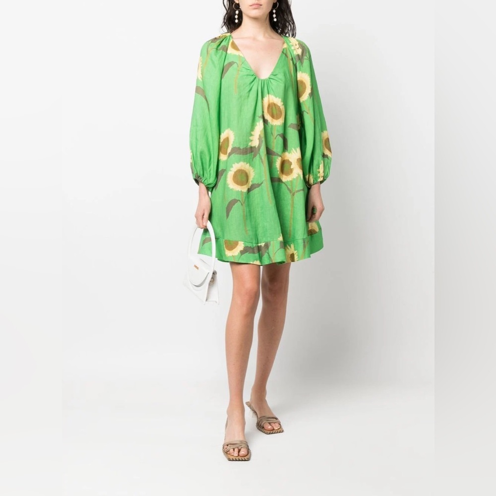 Bernadette Sunflower Motif V-Neck Linen Mini Dress Green Sz 36 / US S